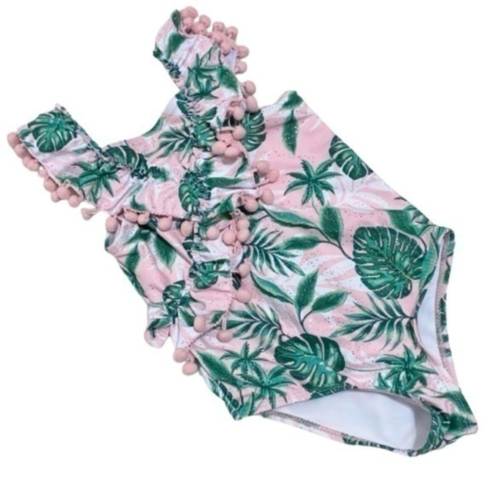 Nicole Miller one piece swimsuit pink w silver glitter green leaf 6x